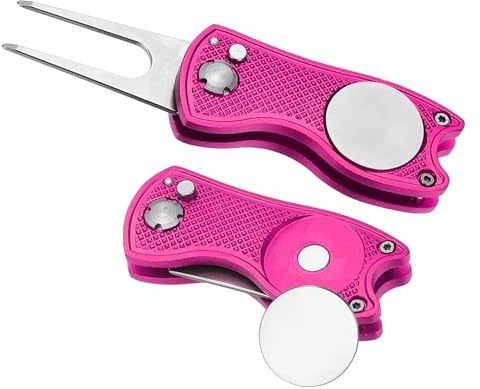 PATIKIL Golf Divot Repair Tool, 2 Pezzi Attrezzo Riparatore Divot Pieghabile in Metallo con Marcatore Palline aimanté E Forchetta in Acciaio Inossidabile per Golfista, Fuchsia