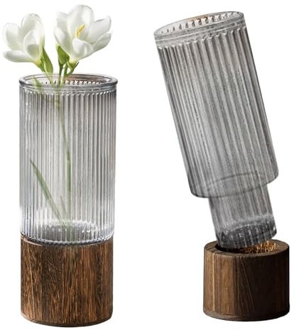 Glass Vase Cylindrical Smoked Grey Flower Vase with Wooden Base Plant Vases