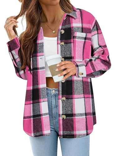 Zeagoo Chaqueta de camisa para mujer a cuadros, blusa de manga larga con botones, blusa de franela con bolsillo, blusa informal de cuadros para otoño e invierno, camisa occidental S-XXL, Rosa., S