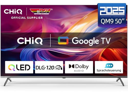 CHIQ U55QM9V 50 Zoll Smart TV, 4K HDR, QLED, metallfreies Design, Google TV, Google Assistant, DLG 120Hz, MEMC, Dolby Audio, Triple-Tuner, Schwarz