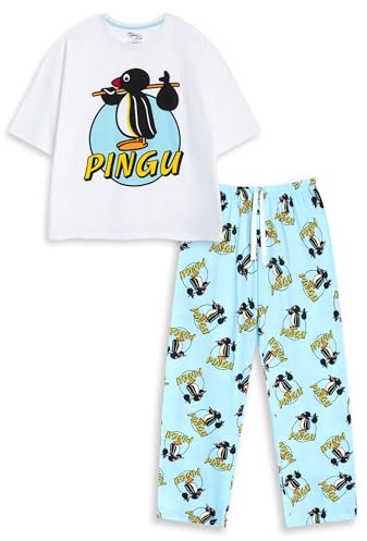 Pingu Pigiama da Donna Bianco e Blu a Maniche Corte e Gamba Lunga | Pigiama e Abbigliamento da casa con Personaggi dei Cartoni Animati | Pigiama con Stampa Relax Merch