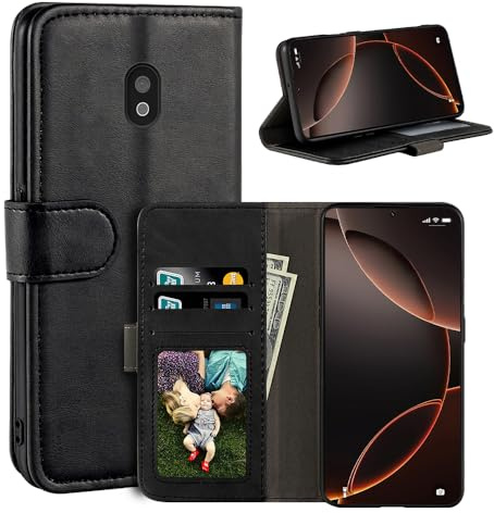 UOGNADGD Leder-Flip-Hülle Kompatibel mit CAT S42 Geldbörsen-Hülle mit Kartenfächern, Magnetverschluss, Kickstand, RFID Stoßfest (Schwarz)