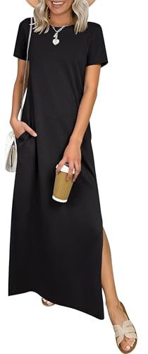 ANRABESS Womens Summer Casual Maxi Dress Short Sleeve Crewneck Split Wrinkle-Free Travel Long Sundress Beach Vacation Clothes Black Small