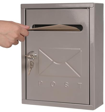 EasySpeed Buzón Metálico de Exterior con Cerradura de Llave, Buzon Individual de Fachada con Anclaje en Pared, Instalación Fácil, para Cartas y Sobres, 26x20x8 cm (Gris)