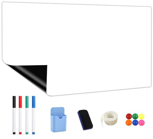 FxlStelrion Pellicola magnetica per lavagna bianca, 80 x 40 cm, autoadesiva, lavagna magnetica, lavabile, lavagna bianca, fai da te con pennarello, spugna, magneti, nastro biadesivo