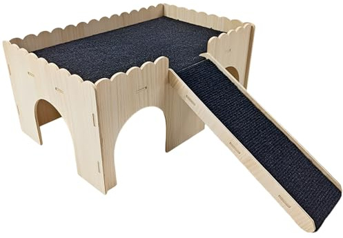 Stort marsvinshus av massivt trä, med ramp, 38 x 25 x 18 cm trälås med grått tyg, säker tuggleksak, lätt att montera trälås