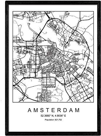 Nacnic Lámina Mapa de la Ciudad Amsterdam Estilo nordico en Blanco y Negro. Poster tamaño A3 Enmarcado con Marco Negro Impreso Papel 250 gr. Cuadros, láminas y Posters para Salon y Dormitorio