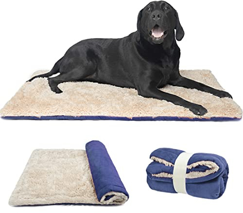 TVMALL Matelas pour Chien Réversible Couverture Lavable Doux Peluche Coussins Tapis de Voyage Extérieur pour Animaux de Compagnie Convient aux Grands Moyens et Petits Chiens et Chats, Bleu 110x70cm