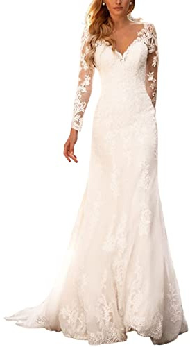 Abito da Sposa delle Donne con Le Maniche Backless Abito da Sposa in Pizzo V-Neck con Treno Lungo Bodycon Dress,White,16