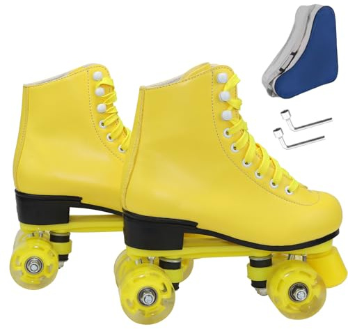 Wiwiy Roller Derby Skates for Women and Men,Yellow Roller Skates Professional Outdoor Indoor, Adjustable Four Wheel Senior Roller Skates (Women's 6.5 / Men's 5.5)