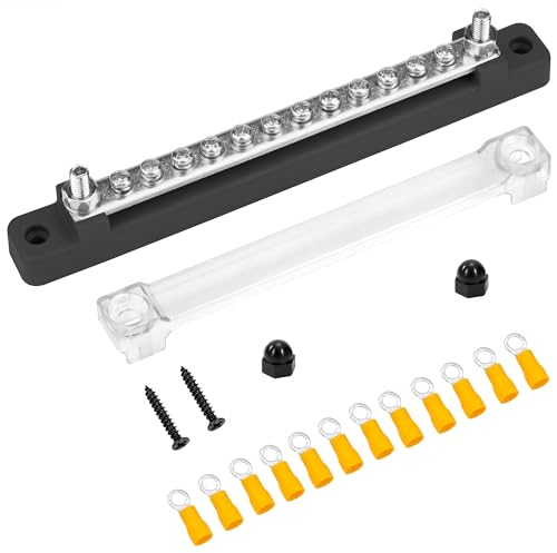 QIMEI-SHOP Blocco di Distribuzione Alimentazione 12V-48V DC Busbar 150A Morsettiera di Alimentazione con 12 x M4 Terminale a Bolts per Auto Camion Barca Nero