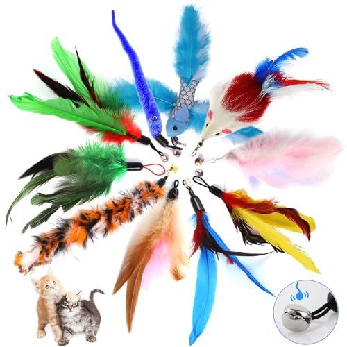 Kemowi Interactive Feather Cat Toy for Indoor Cats - 10 Piece Teaser Wand Refills with Colorful Feathers and Bell