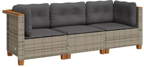 vidaXL Gartensofa 3-Sitzer, Gartensessel mit Kissen, Modular Loungesofa für Garten Terrasse, Sofa Garnitur Gartenmöbel, Grau Poly Rattan