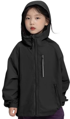 Rolanko Giacca Impermeabile con Cappuccio per Ragazze, Impermeabile Leggera Giacca a vento Giacche da Pioggia Outwear per Bambini Ragazzi 7-14 Anni, Nero, Taglia: 140/9-10 anni