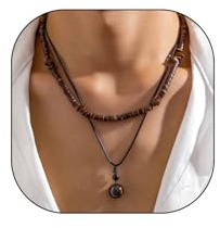 GIGB PBDK Colliers bohème superposés pour homme - Collier empilable avec pendentif en perles de bois - Coquille de noix de coco - Collier en cuir turquoise - Bijoux tendance - Cadeau fantaisie, Large