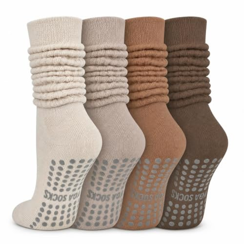 Ludaro 4 Pairs Pilates Grip Scrunch Socks for Women, Long Cotton Non Slip Slouch Yoga Calf Socks, Womens Slipper Crew Stockings for Casual, Dance, Ballet, Barre, Hospital