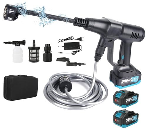 Nettoyeur haute pression sans fil, max. 200 bar, pistolet 6 en 1, buse réglable, et tuyau de 5 m, pistolet haute pression pour voiture, terrasse, jardin, clôture, piscine (avec 2 batteries de 15000