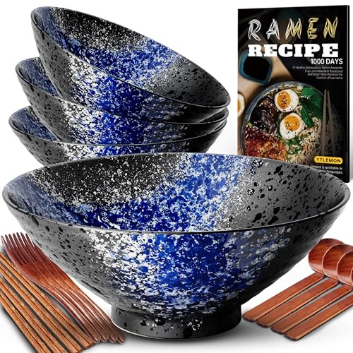 8 Pollici 4 Set Ciotola Ramen In Ceramica(17 pezzi), Ciotola Di Pasta Giapponesi Con Ricette Forchetta Bacchette E Cucchiaio Per Spaghetti Zuppa Di Insalata Snack Bowl Regali Per Uomini Donne Di Casa