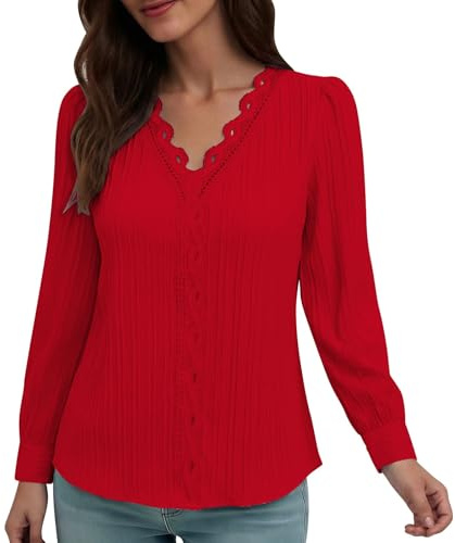 Chemisier Femme Chic et Élégant Chemisiers et Blouses Vetement Mode Haut Décontracté Tunique Blouse Casual Chemise Tee Shirt Manche Longue Vêtements T-Shirt Manches Longues Tops Produits Rouge XL