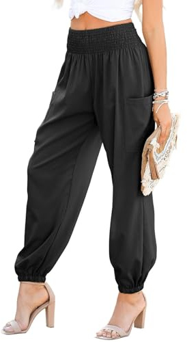 GTRQWW Karottenhose for Damen Sommer Business Casual gesmokte Cargohose mit hoher Taille Lange Elefantenhose mit Taschen(Black,M)