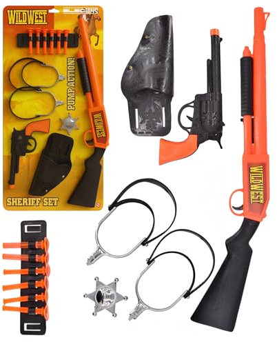 Wild West Sheriff Set for Kids Role Play Toy Gun and Accessories Pump Action Shotgun Toy Revolver Holster Bandolier Sheriff Badge Handcuffs Imaginative Cowboy Dress Up Playset Orange Black