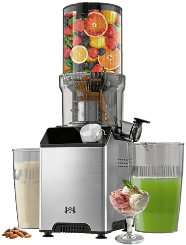 WHUTO Cold Press Juicer, Wide Feed Chute Juicer Machines, Stainless Steel Slow Masticating Juicers Easy to Clean, Vegetables & Fruits Juice Extractor, High Juice Yield, Platinum Color Knob