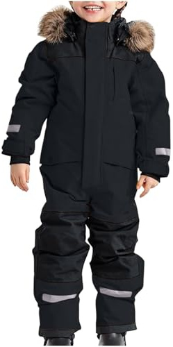 Combinaison de Ski Enfant Combinaison de Neige Garçons Fille Imperméable et Coupe-vent Hiver Chaud Ensembles De Neige Doudoune à Capuche Zippé Extérieur Softshell Tenue Plein (03 Black, 14-15 Years)