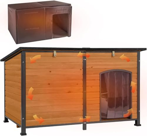 Aivituvin Extra Large Outdoor Dog House with Insulated Liner, Waterproof Heated 59'' Dog Kennel with All-Around Iron Frame (Brown, XL)