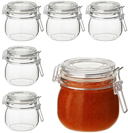PALUPLUS 6 Barattoli in Vetro Tondi con Coperchio da 500 ml, Misura 12x11x10,5 cm, Vasetto vuoto con Chiusura a Clip Ermetica, vasi sottovetro per marmellate, Biscotti, Cereali, Bomboniere -225C -3,8