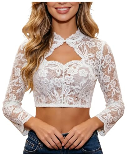 Generisk Dirndl-blus dam Dirndlblus vit spets traditionell blus långärmad Dirndlblusar elegant spetsblus för Oktoberfest & karneval kostymblusar, Vit, S
