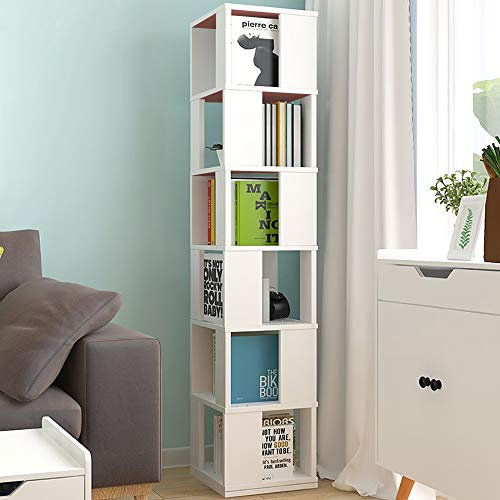 Redd Roayl 6-Tier Rotating Bookcase Tall Slim 360° Spining Bookshelf, Living Room White Swivel Floor Standing Corner Shelf Book Storage Rack Bedroom Home Office Decor