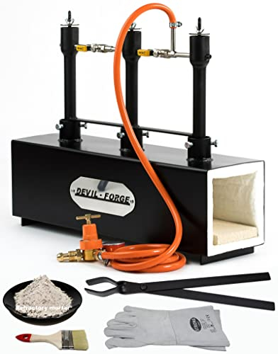 DEVIL-FORGE Fragua de gas DFPROF3b Horno de Forja, 3 Quemadores DFP (240.000 BTU) usas 1, 2 o 3, Válvula de bola de gas, Estrangulador de aire, Fabricación de cuchillos, Herrero, Herrador, 1370°C