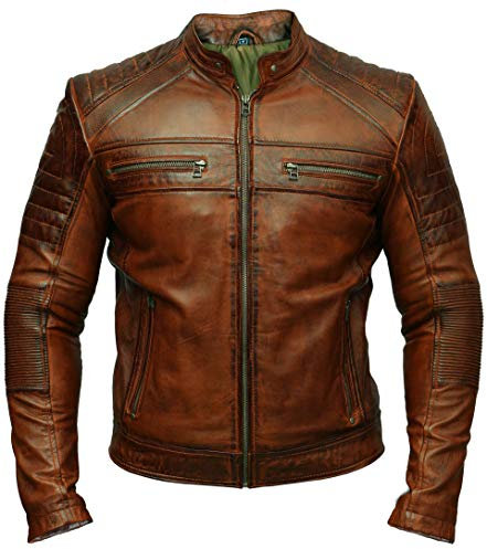 Veste de moto rétro vintage en cuir ciré marron vieilli pour homme, marron, L