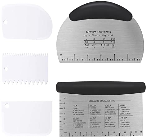 VooGenzek 5 Stück Teigmesser, Brotmesser, Teigschaber, Edelstahl Teigschneider mit Griff und Messskala, Kunststoff Teigabstecher, Zum Schneiden von Teig, Kuchen, Pizza