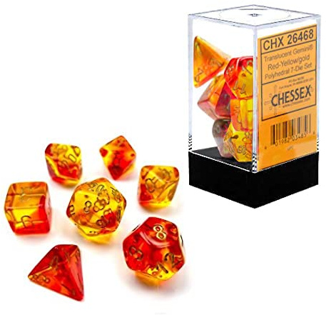 Chessex Gemini Translucent Dice Set 7 Polyhedral Dice Red and Yellow with Gold, CHX26468
