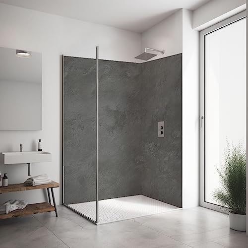 ORIGINAL PlateART Eck-Duschrückwand, 2 Platten à 90x200 cm, Wandverkleidung, Wandbild, Rückwand Alu-Dibond OHNE FUGEN, Fliesenersatz, Schiefer Mittelgrau - Made in Germany