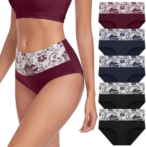 Lapulas Lot de 5 Culottes pour Femme - en Coton Stretch - Taille Haute - Respirant - sous-vêtements Doux - Hipster