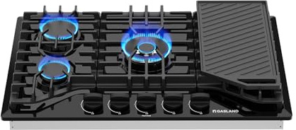 GASLAND 30 Inch Gas Cooktop with Griddle Black, PRO GH3305EF Gas Stovetop with 5 Burners, Reversible Cast Iron Grill/Griddle, Plug-in, NG/LPG Convertible, 120V Black, CSA certified