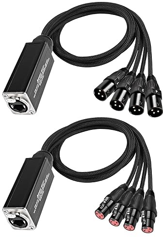 XMSJSIY Audio Snake 4 Channel 3 Pin XLR Extender Multi Network Receiver to Ethercon Cable for DMX512 XLR Male/Female to RJ45 Female Over Braided Cat5/6/6e Stage Lighting Recording Studio-2PCS / 2.5FT