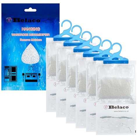 Belaco Set of 6 Hanging Dehumidifier, 230g Moisture Absorber, Dehumidifier for home, Ideal to eliminate damp & Condensation Bedroom, Wardrobe, Kitchen, Basement, Office etc (6)