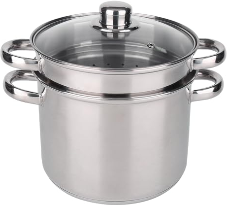 Baumalu, Pentola per pasta in acciaio inox, 24 cm, 7,5 litri, con triplo fondo diffusore inox/alluminio/acciaio inox, coperchio in vetro con bordo in acciaio inox e foro vapore, manici in metallo