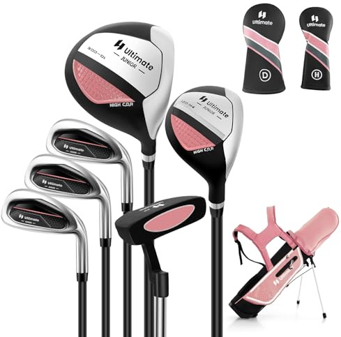 GYMAX Set di Mazze da Golf per 11-13 Anni, Set Completo da Golf Junior con Driver #1 da, Ibrido #5, Ferri #7#9#S e Putter, Grande Borsa da Golf Autoportante(Rosa)