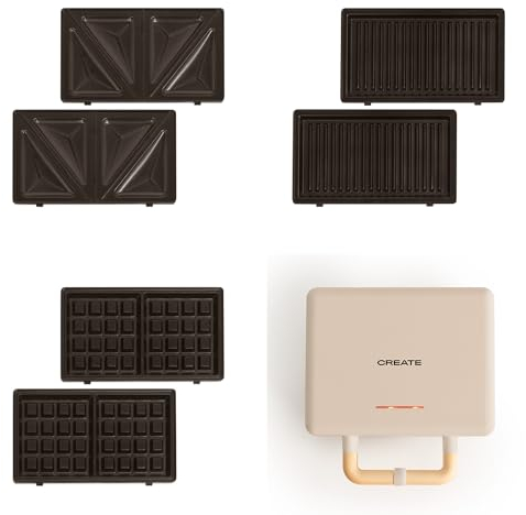 CREATE/STONE STUDIO/Tostiera per panini, grill e waffle Sabbia / 3 piastre intercambiabili: Grill, waffle e panini, antiaderente, apertura 100º, retro, 800W