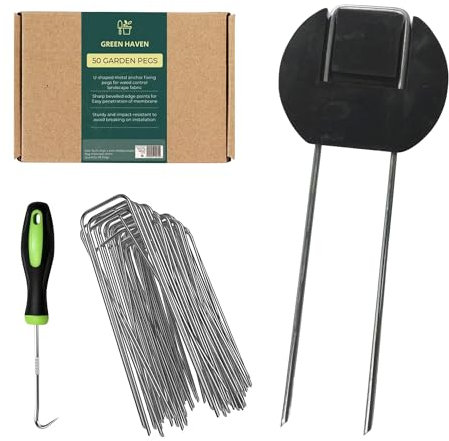Green Haven Garden Pegs Buffer Bundle 50 Pack - Heavy Duty Garden Pegs for Weed Control Membrane Pegs, Weed Barrier Fabric, Netting & Landscaping, 15cm Metal Staples w/Large Buffer Surface