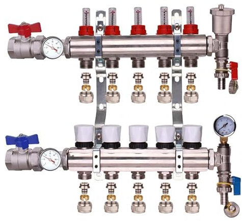 Kudos-Trading 5 Port Underfloor Heating Manifold Efficient Heating Solution for Your Home Maximize Comfort Save Energy Sturdy Design Suitable for Water-Based Radiant Floor Heating Systems.