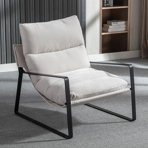 Ya-Home Fauteuil de Salon Moderne en Chenille Fauteuil Chambre Confortable avec Cadre en Métal, Chaise Relax pour Salon/Chambre, Beige