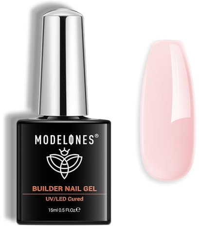 Modelones Builder Gel, 8-in-1 Barely Pink Gel Builder for Nails, Hard Gel Nail Strengthener Color Base Gel Extension Gel Nail Builder Gel in a Bottle 15 ML for Women