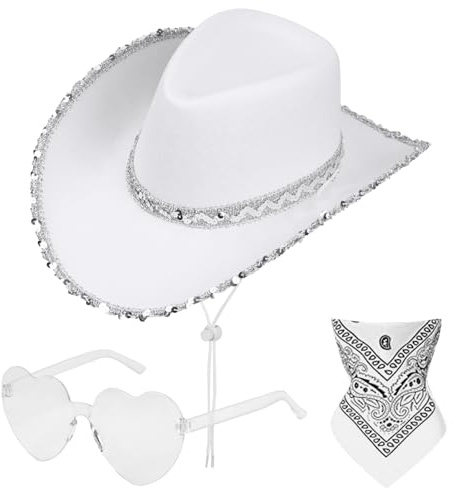Aomig Chapeau de Cowboy Western - Déguisement pour Adultes avec Lunettes de Soleil et Bandana - Accessoires de Costume pour Halloween et Carnaval(Blanc-Paillettes)