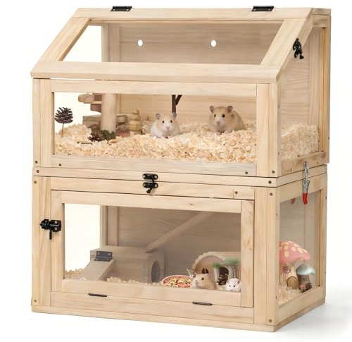 Nagarium - Jaula para hámster de dos pisos de madera natural con cristal acrílico – Grande 60 x 40 x 70 cm, jaula para ratas de libros, jaula de varios niveles con niveles separables y puertas