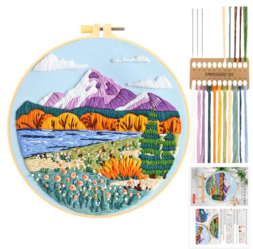 JSRQT Kit Ricamo per Principianti Adulti, Kit Iniziale Punto Croce con Motivo Montano, Ricamo Starter Set Fai da Te a Mano per Smanti del Cucito, con Telaio, Istruzioni, Ago e Fili